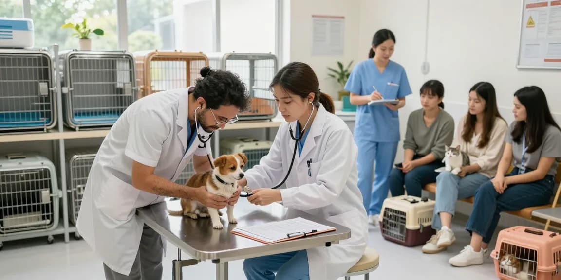 Veterinary cages in a caring clinic with veterinarian examining a dog.