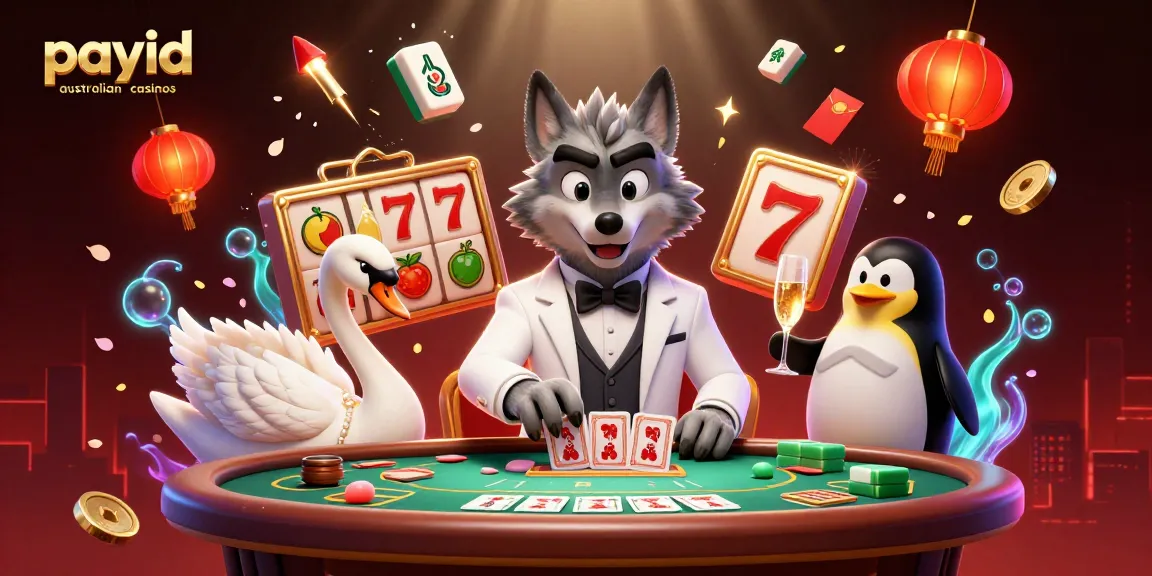 Exciting scene with a debonair wolf, elegant swan, and sophisticated penguin at payid australian casinos celebrating games with slot reels.