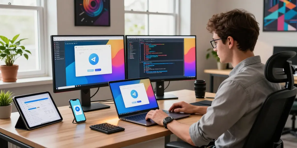 Explore the Telegram download process in an engaging workspace with tech elements and a focused developer.