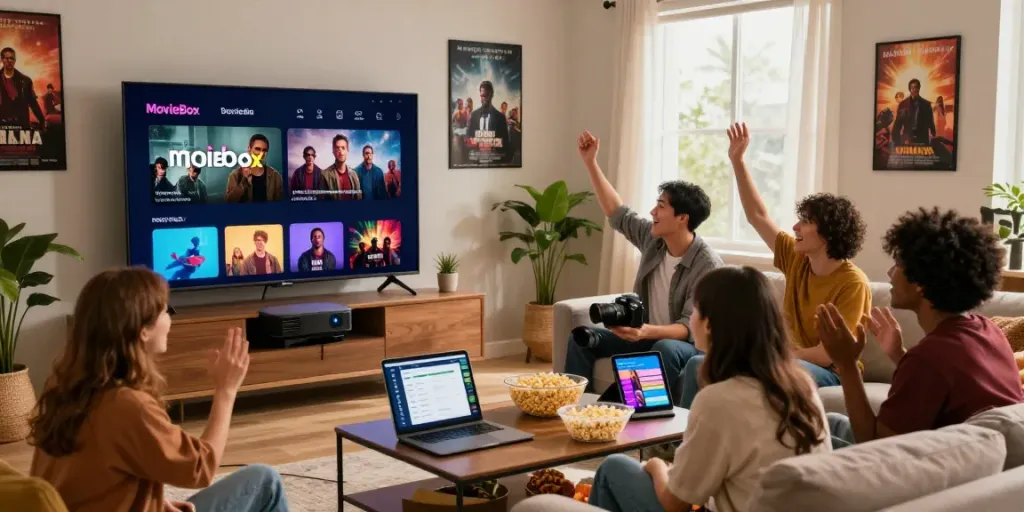 Diverse friends enjoying a movie night using the MovieBox app in a cozy living room.