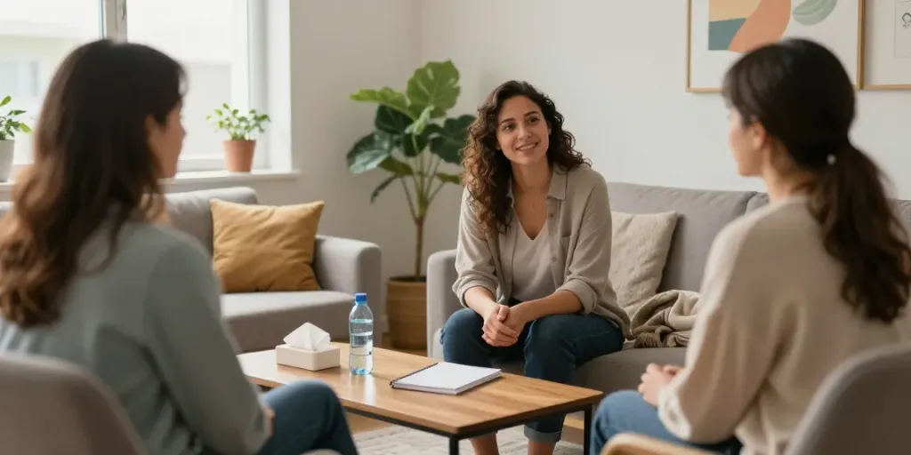 Addictions counselling in Haldimand, therapist and client in a supportive therapy room promoting healing.
