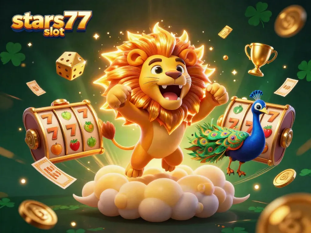 Menangkan di stars77 slot dengan slot gulungan berkilau dan simbol keberuntungan di sekitarnya.