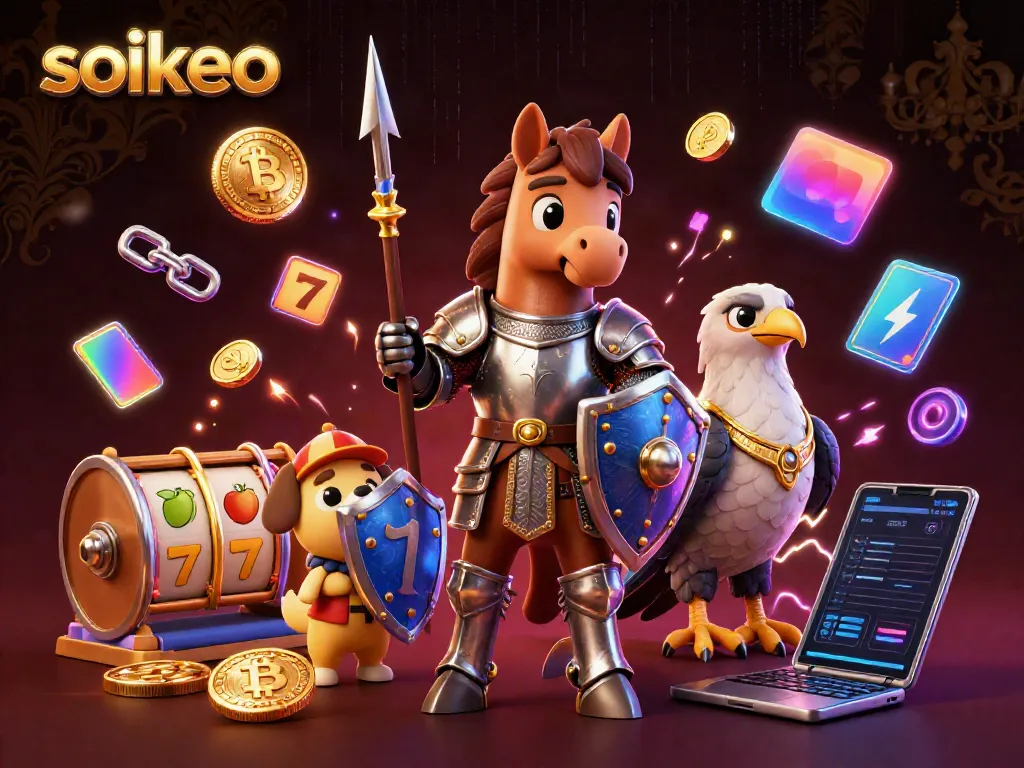 Engage in strategic casino fun with soikeo, featuring a knight, puppy, and falcon immersed in a lively slot-themed scene.