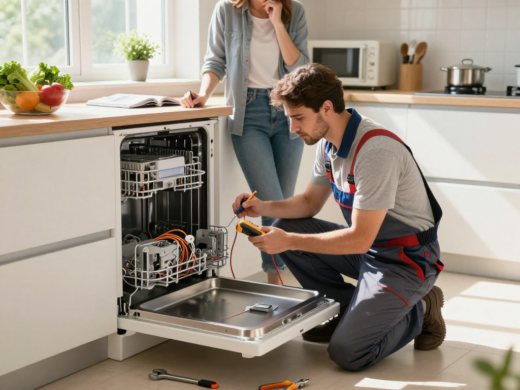 Dishwasher repair technician examining wiring in a modern kitchen.