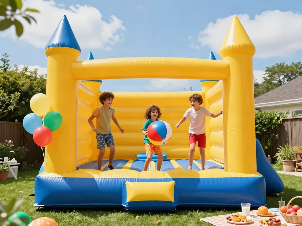 Children enjoying an inflatable castle with bright colors and festive decor in a vibrant backyard