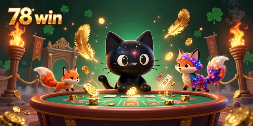 Experience excitement with 78 win in this dynamic casino scene featuring cosmic characters and glowing elements.