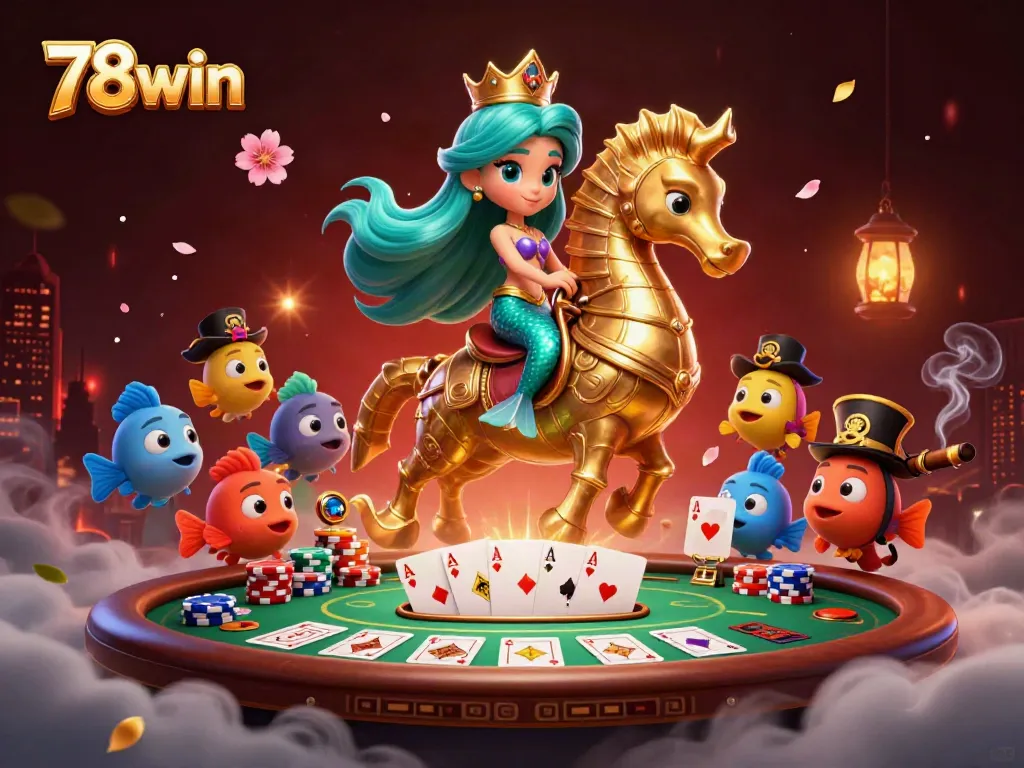 Engage in thrilling bets with 78win's colorful casino illustration featuring poker elements.