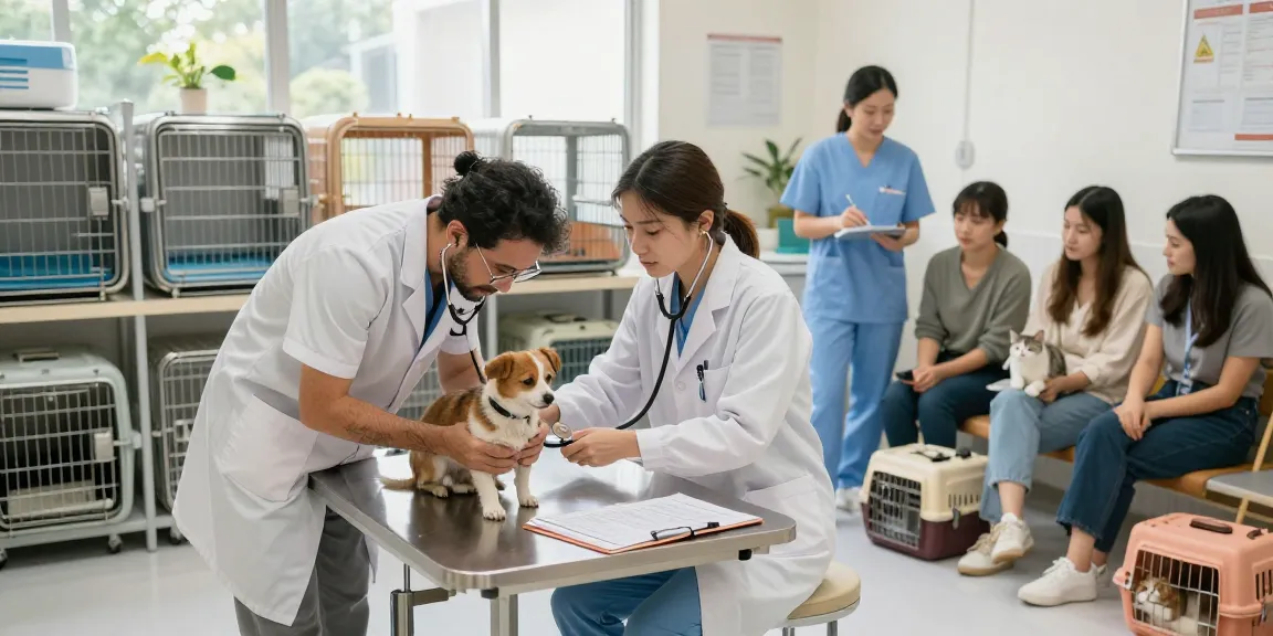 Veterinary cages in a caring clinic with veterinarian examining a dog.