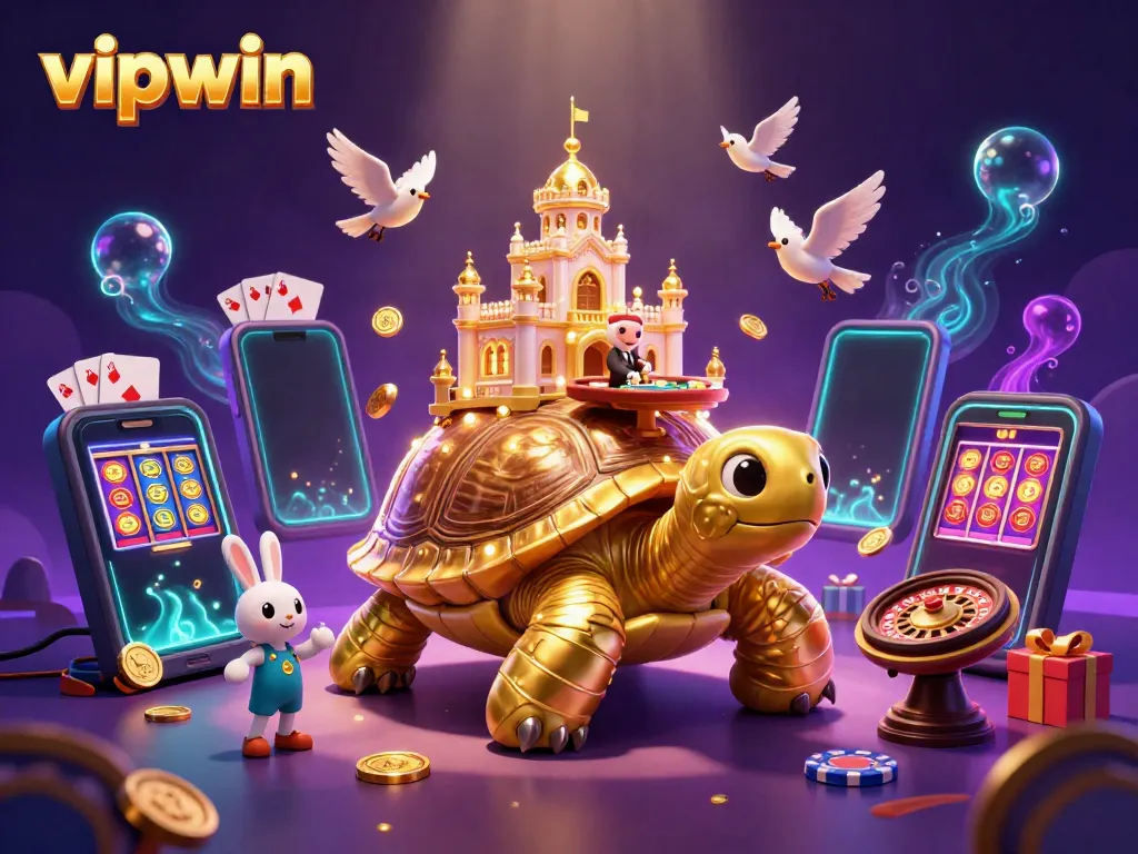 Watch the tortoise host thrilling games at vipwin with colorful slots and flying coins.