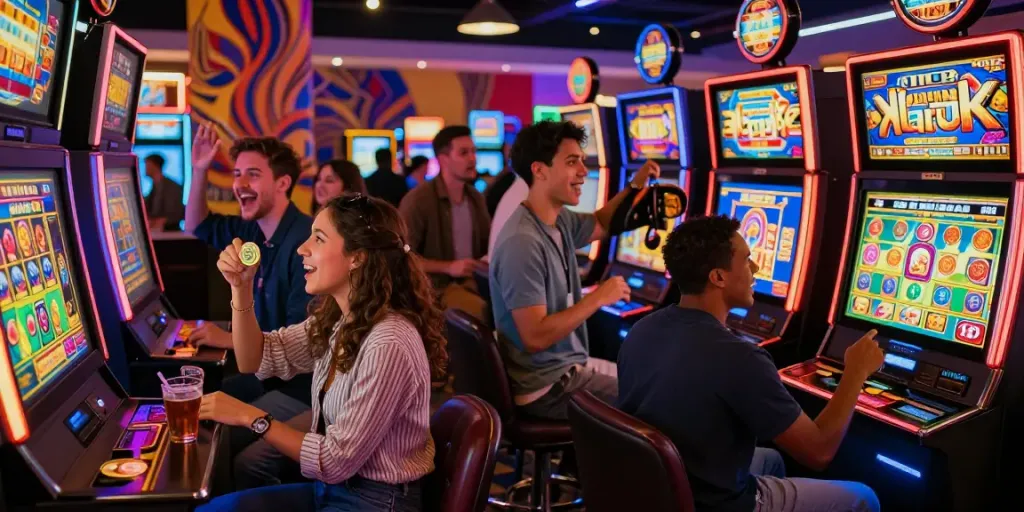 Pemain slot bersenang-senang di mesin permainan slot yang penuh warna.