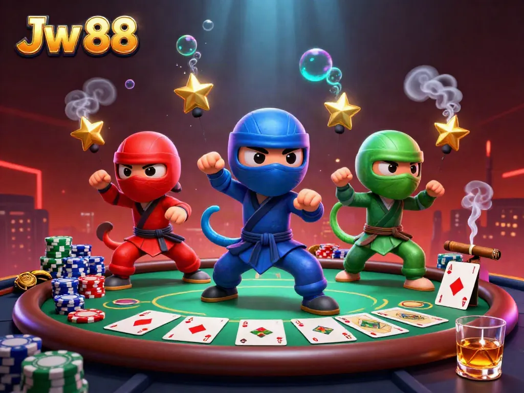 Jw 88 chameleons engaging in martial arts with poker elements in a vibrant casino scene.