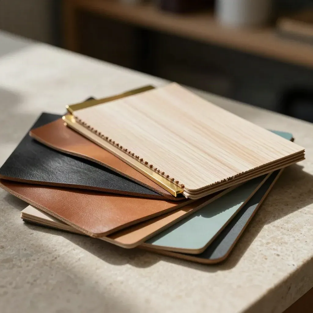 Top-down macro fan of leather, wood and brass material samples with a muted teal accent.