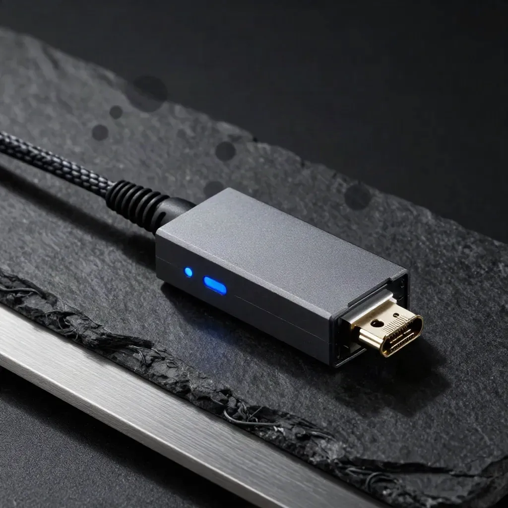 Data logger puck and braided network cable on black stone with blue status glow.