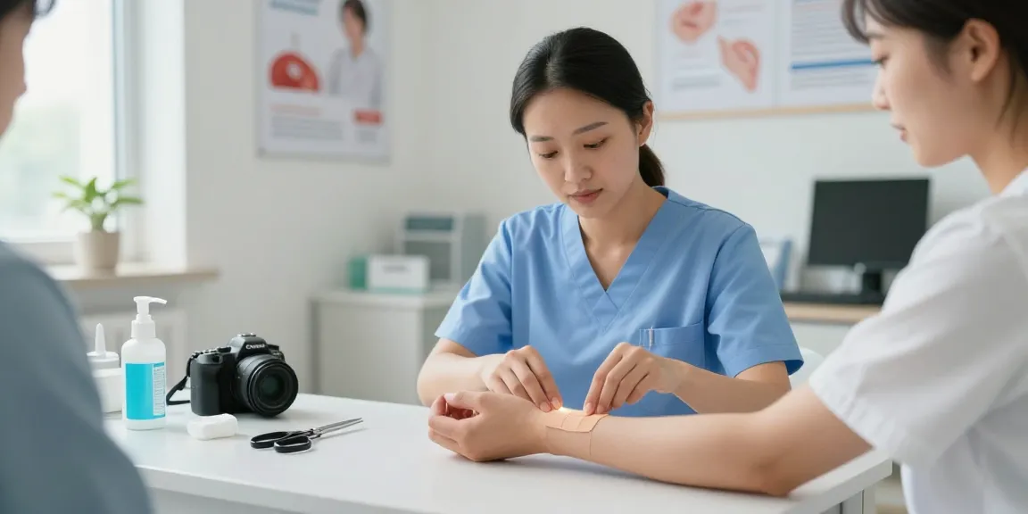 Healthcare professional applying bandage tape to a patient in a bright clinic.