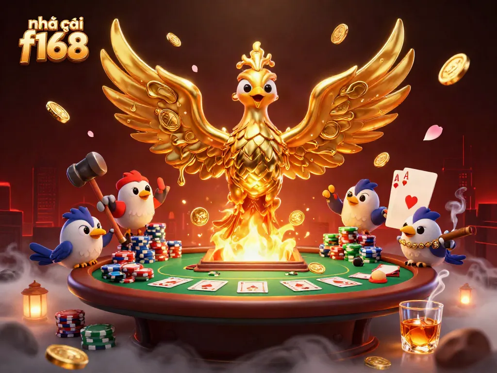 Engage with nhà cái f168 while experiencing a dynamic casino scene with a golden phoenix and poker action.