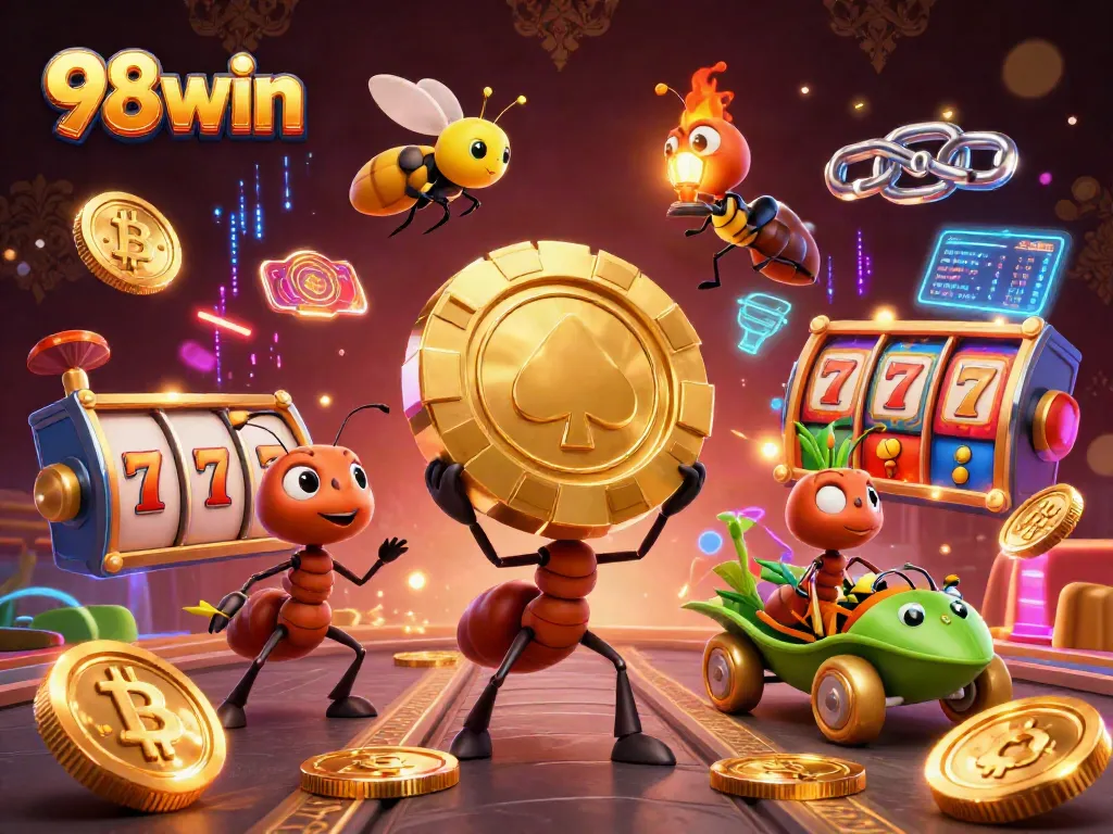 Ants carrying a golden poker chip in a vibrant casino heist scene representing 98win.