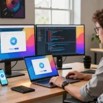 Explore the Telegram download process in an engaging workspace with tech elements and a focused developer.