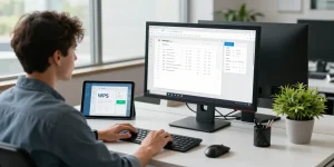 WPS Download in a professional workspace with tech tools and bright atmosphere