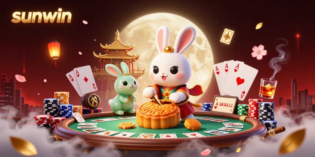 Engage in exhilarating gameplay at sunwin, where the moon rabbit reveals poker chips amidst vibrant casino elements.