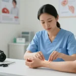 Healthcare professional applying bandage tape to a patient in a bright clinic.