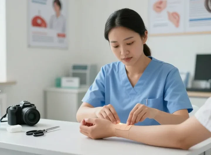 Healthcare professional applying bandage tape to a patient in a bright clinic.